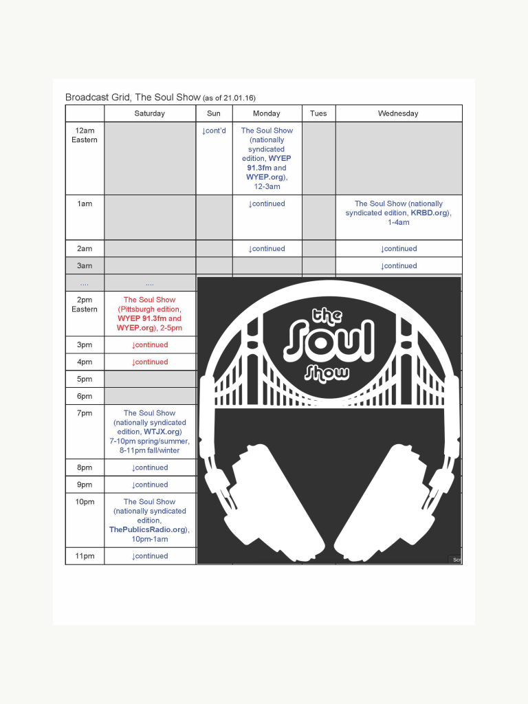 This schedule grid presents all of The Soul Show's time slots.